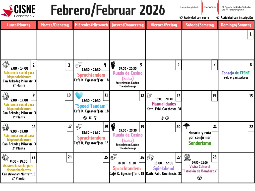 calendario febero cisne hannover 2026